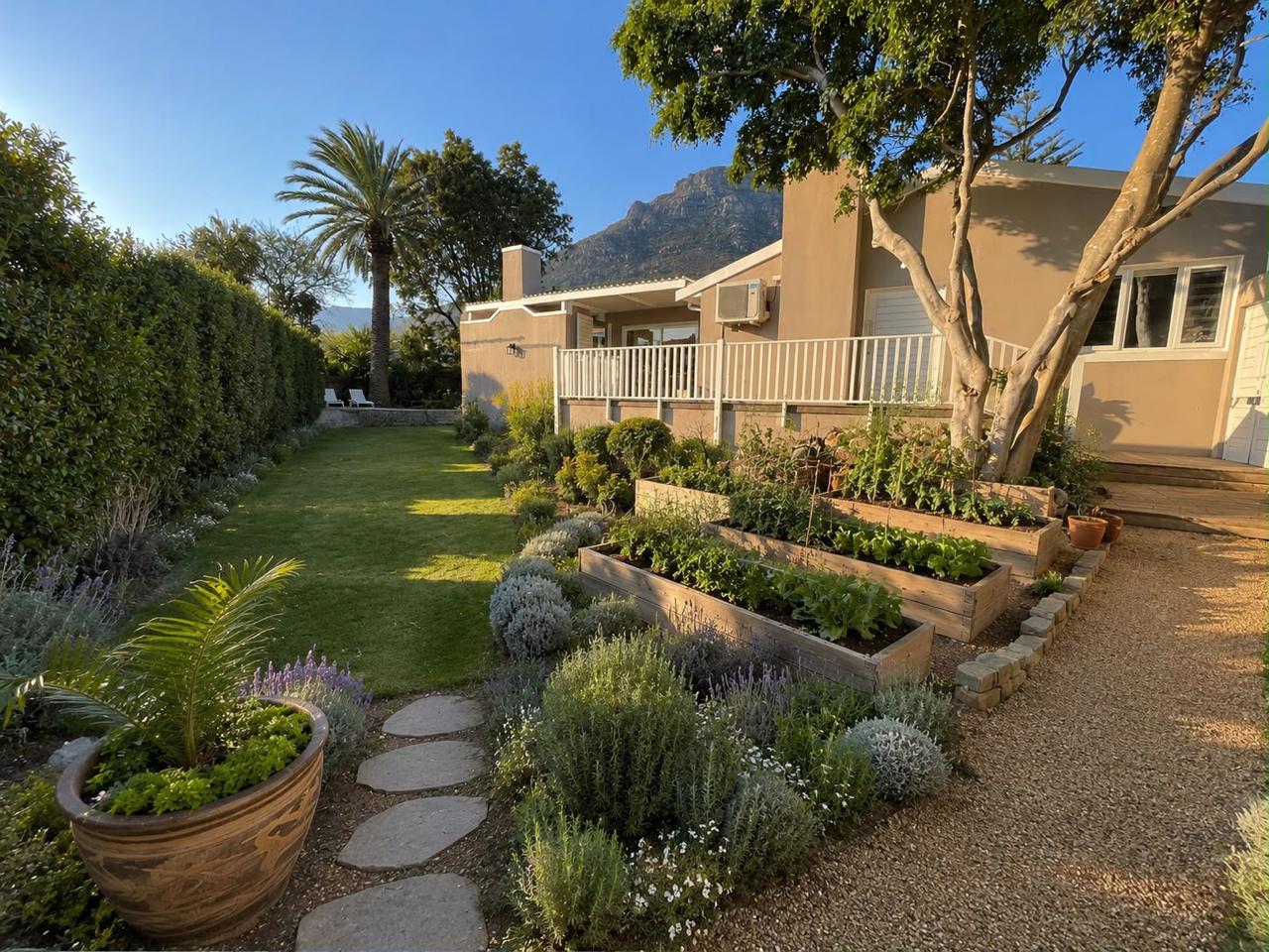Lush garden with planted borders and raised timber beds